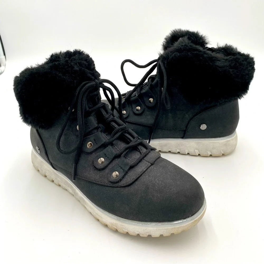 London‎ Fog Faux Fur Trim Full Lace Up Winter Boots Ankle Booties Black Size 6